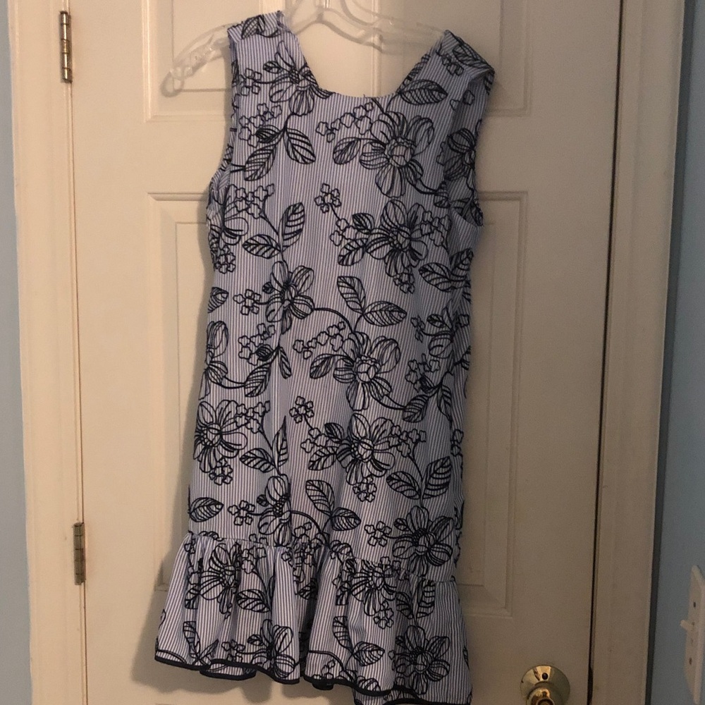 Jade Blue and Navy Floral Stripe Midi Dress
